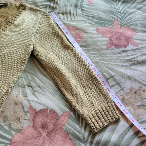 LAUREN Ralph Lauren Gold Metallic V Neck Nautical Sweater 3/4 Sleeve M - Picture 8 of 10